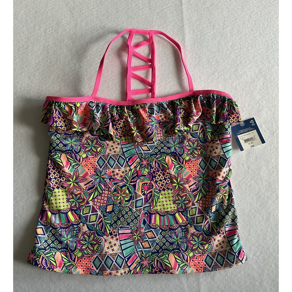 Arizona Jean Co Bright Multicolor Swimsuit Tankini Top Pink XL (18 1/2) - Picture 1 of 7